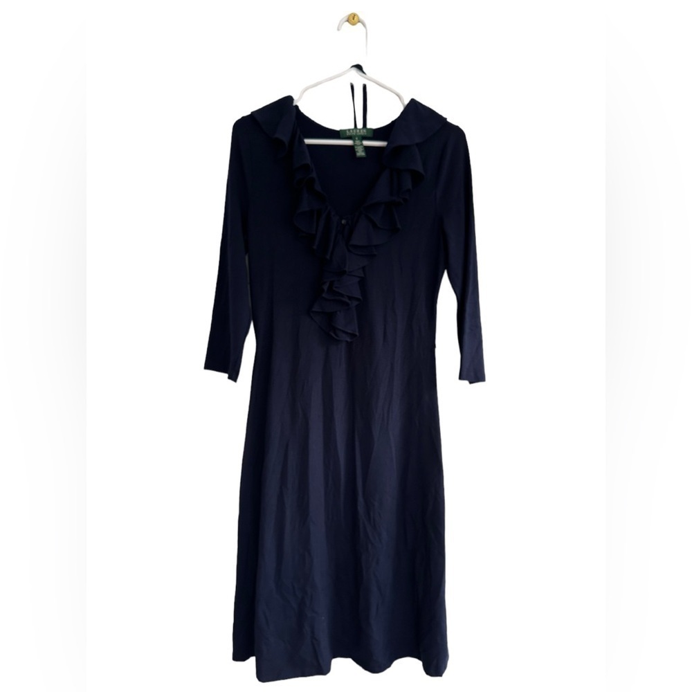 Lauren Ralph Lauren Navy Fit & Flare Ruffled Knit 3/4 Sleeve Dress Size Small